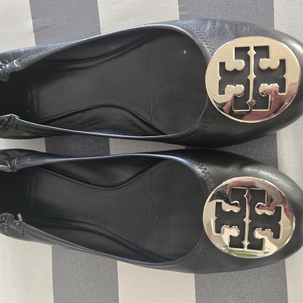 Tory Burch Black and Gold Flats with Signature Logo